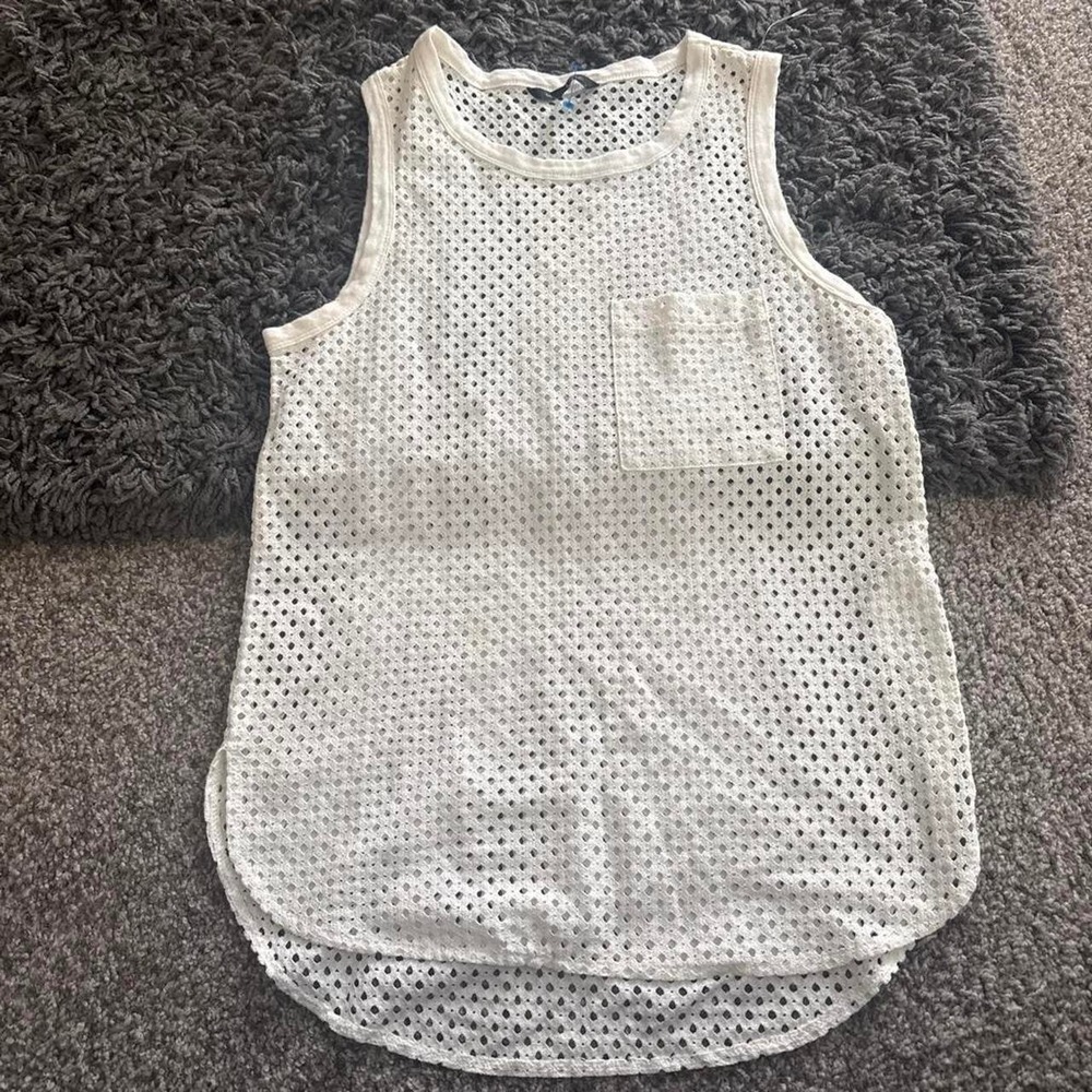 White mesh tank top with small black polka dots